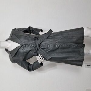Dark Gray Academia Trench Belted Button Front Matrix Leather Coat Size M